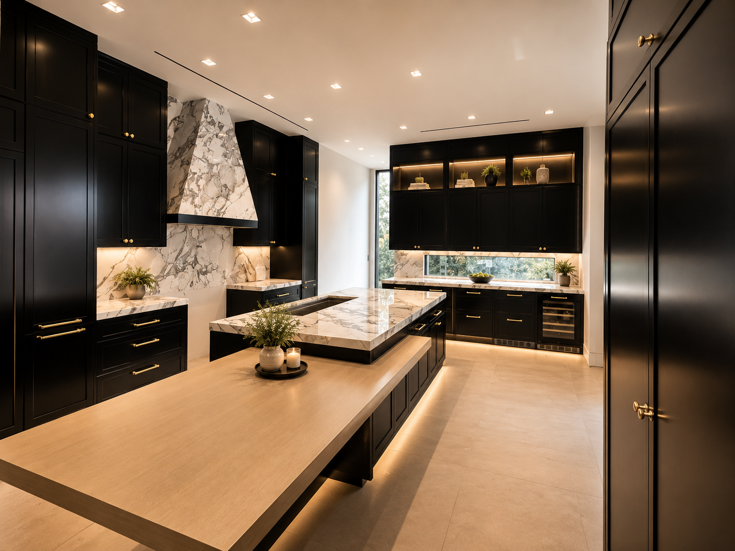 Custom kitchen featuring quartz countertops, waterfall island, and marble backsplash with range hood surround.