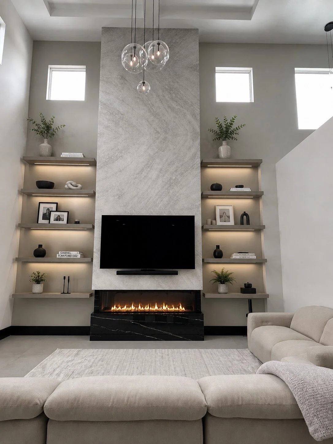 Modern living room featuring a custom marble fireplace surround and floor-to-ceiling stone feature wall.