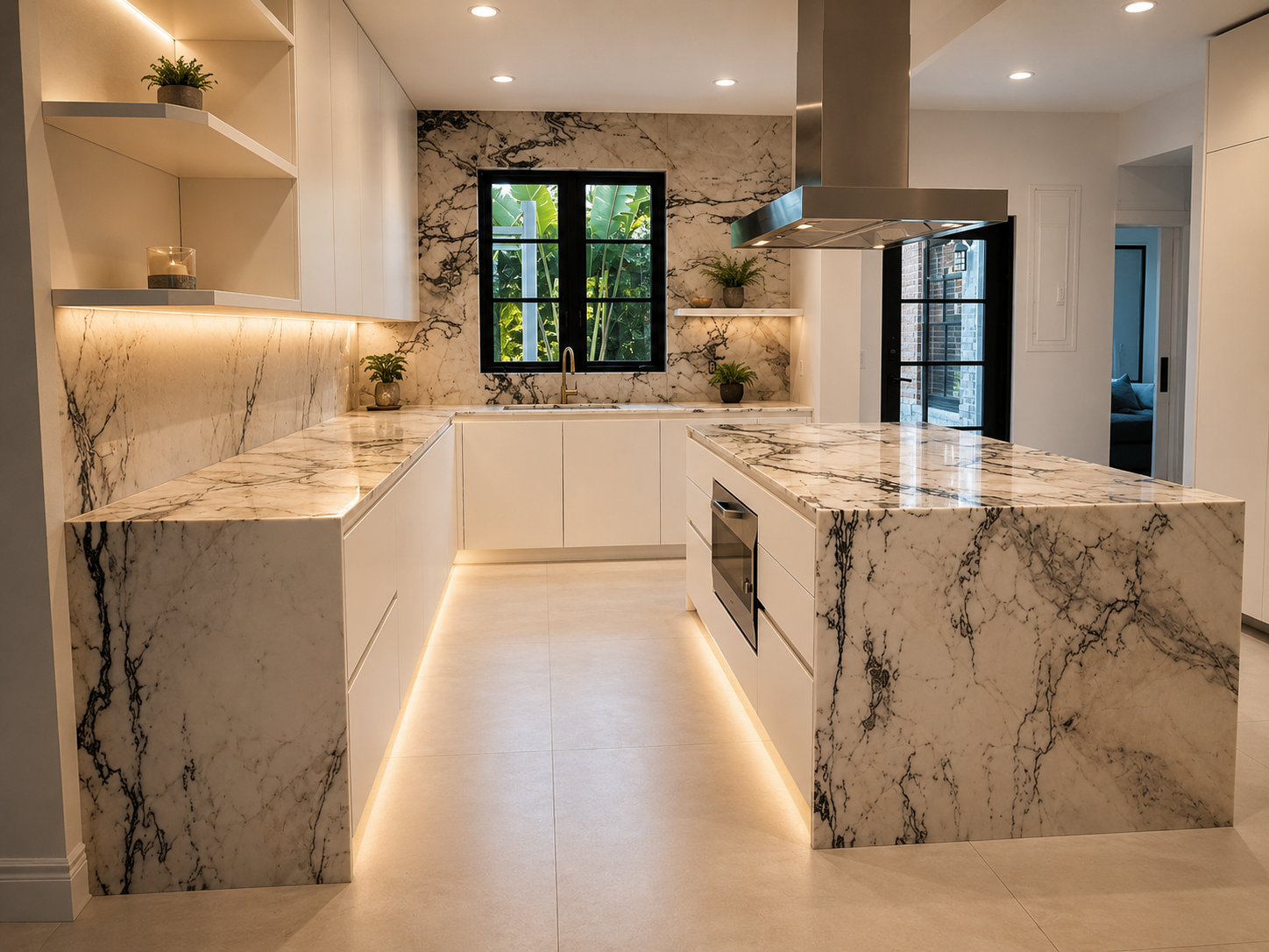 Luxury kitchen featuring waterfall marble countertops, matching backsplash, and custom stone fabrication.