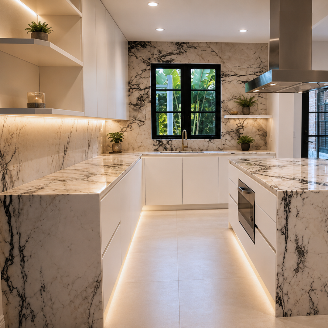 Custom marble kitchen with waterfall countertops, matching backsplash, and premium stone fabrication in Tampa, FL.