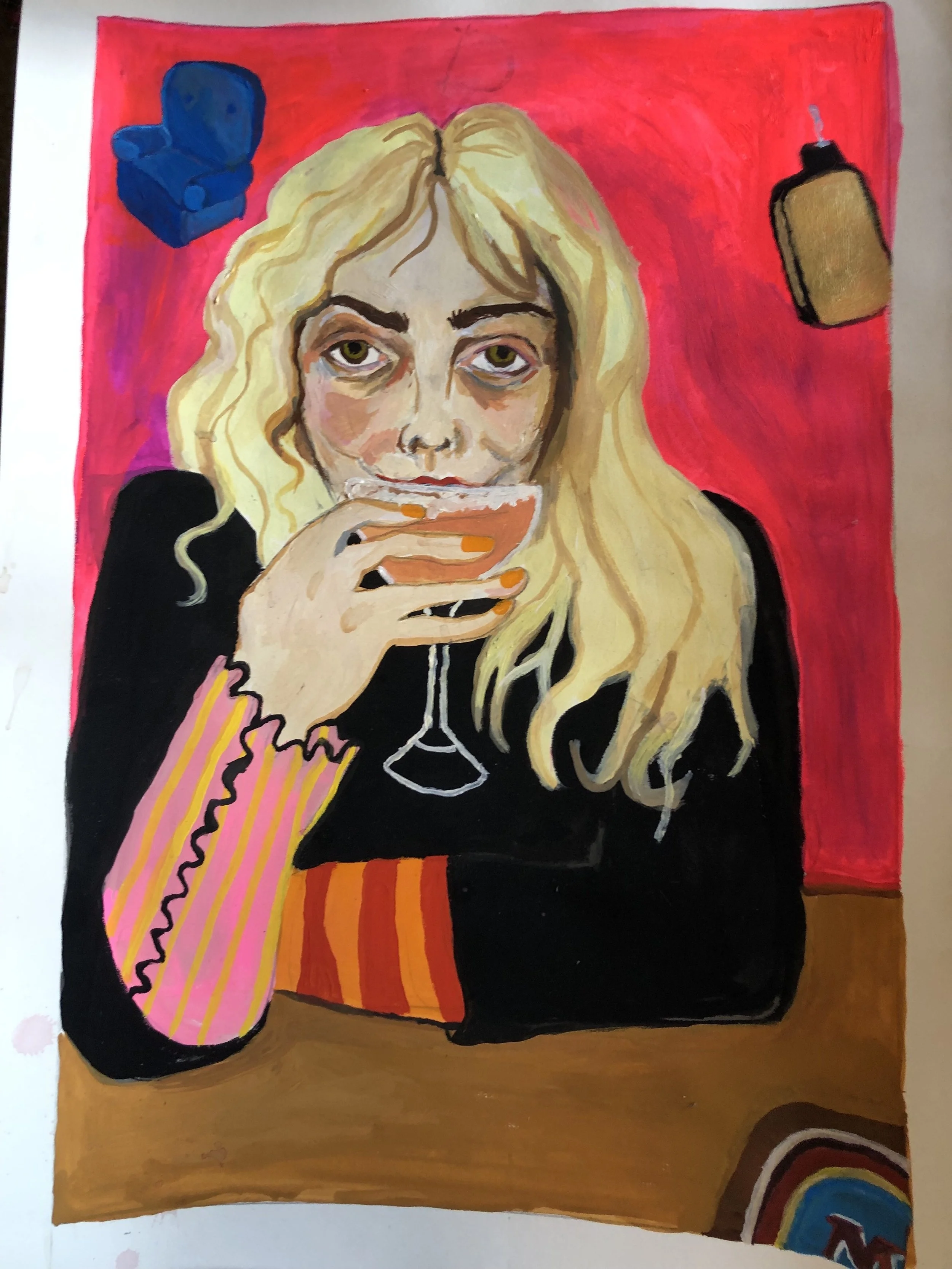 Staring into the eye of your mother with a cocktail. (The last time I painted on this piece wasn’t a good night. Blue paint on the floor. Blue paint on your shoe. It’s still unfinished, and I don’t li