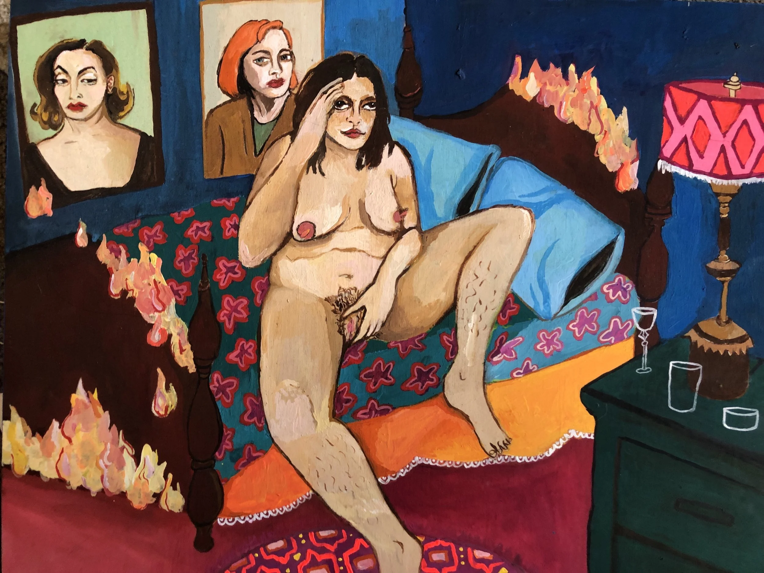 Un)inhibited (This one was a sister piece to an older piece which flipped the imagery and colour of the other; it depicted naked women in the frames on the wall, and a sad clothed girl in the bed. It