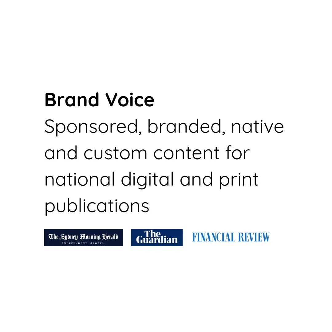 Text describing brand voice for digital and print publications, with logos of The Sydney Morning Herald, The Guardian, and Financial Review.