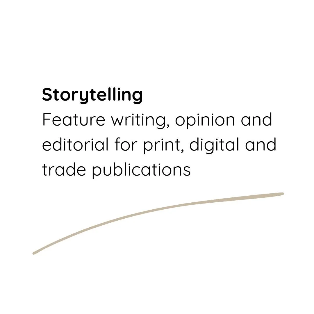 A white digital screen displaying information about storytelling, including feature writing, opinion, and editorial work for print and digital publications, with a beige curved line at the bottom.