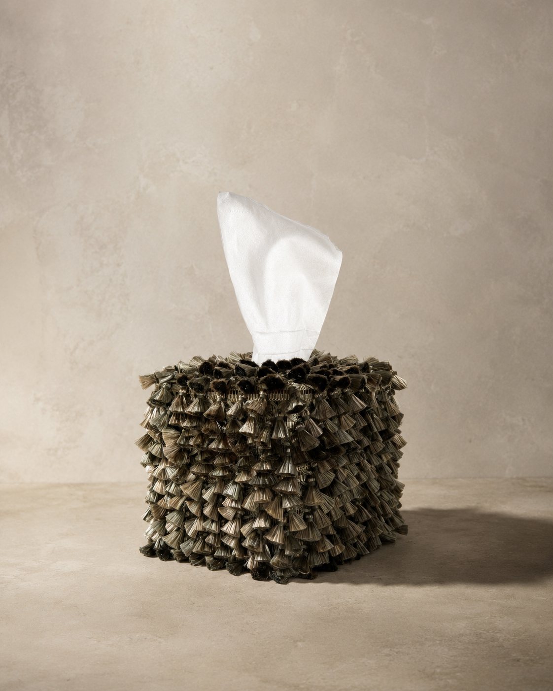 Silver Sage & Shadow Tassel Tissue Box Cover featuring layered iridescent silver sage tassels with a dark shadowed underside by Amber Renee Hansen.