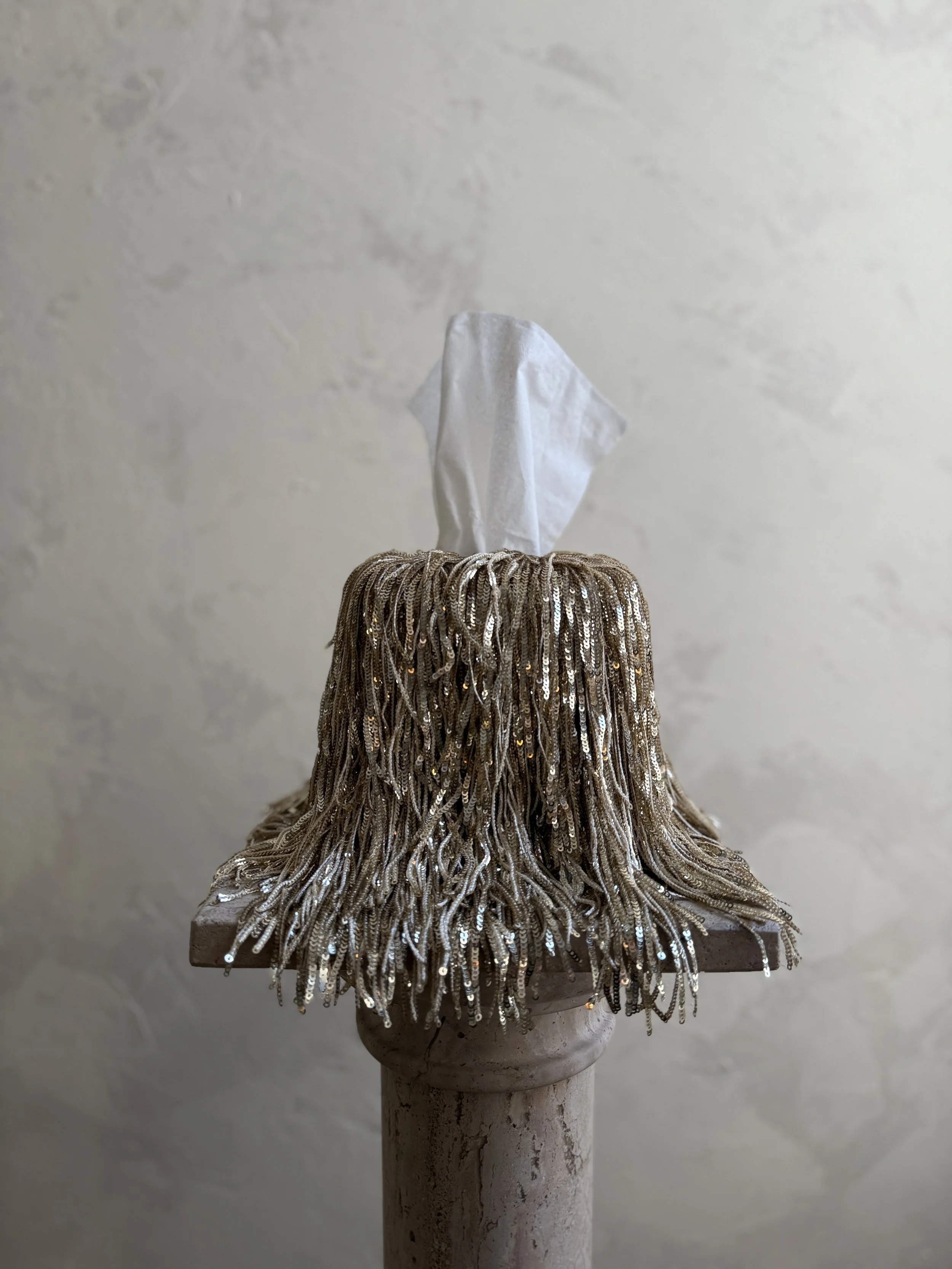 Gold (or Silver) fringe tissue box cover from the 11:59 Limited Edition, designed for New Year’s Eve.