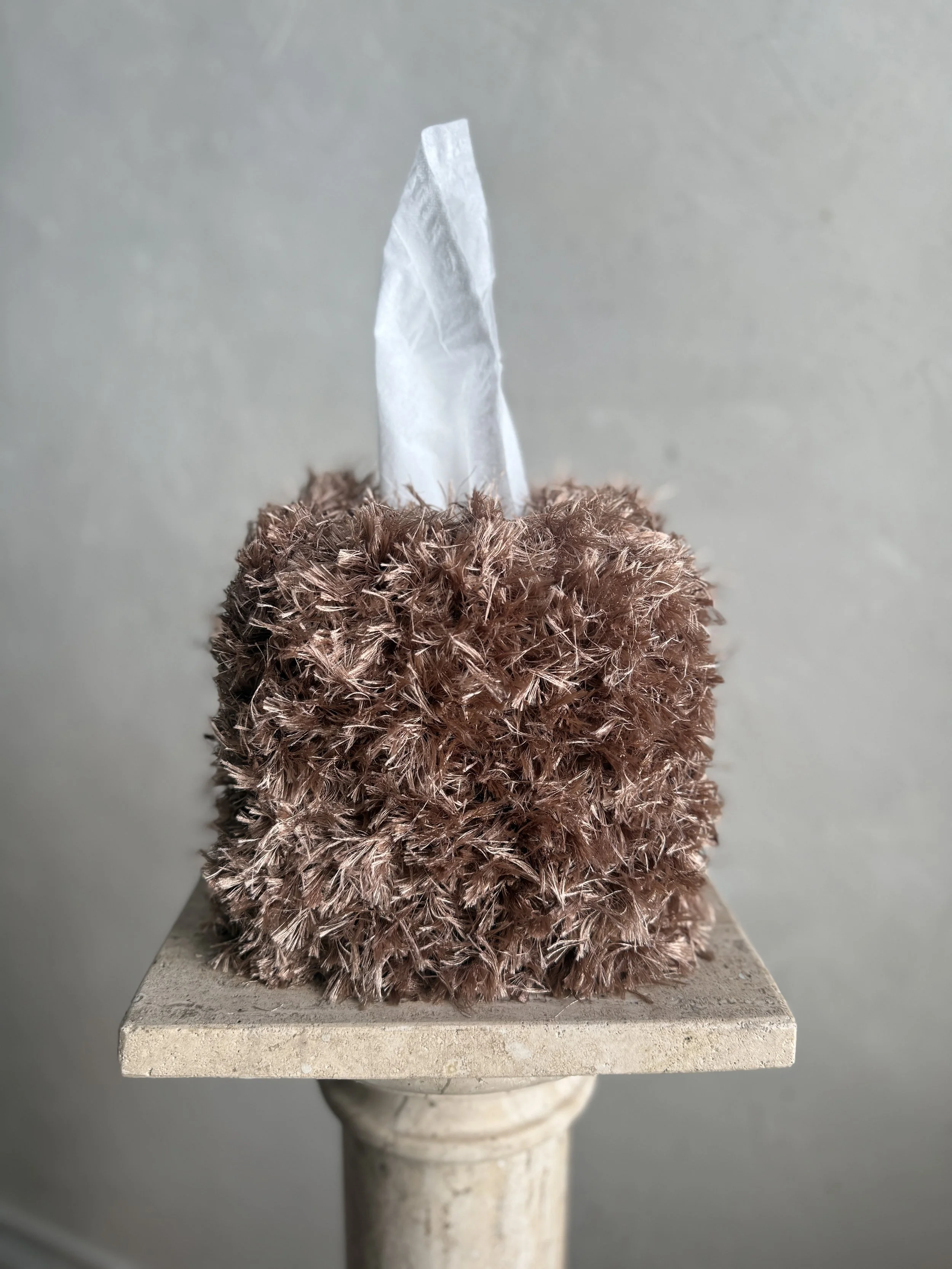 Mauvelous Teddy Tissue Box in cocoa-mauve fuzzy fringe by Amber Renee Hansen – sculptural collectible home decor
