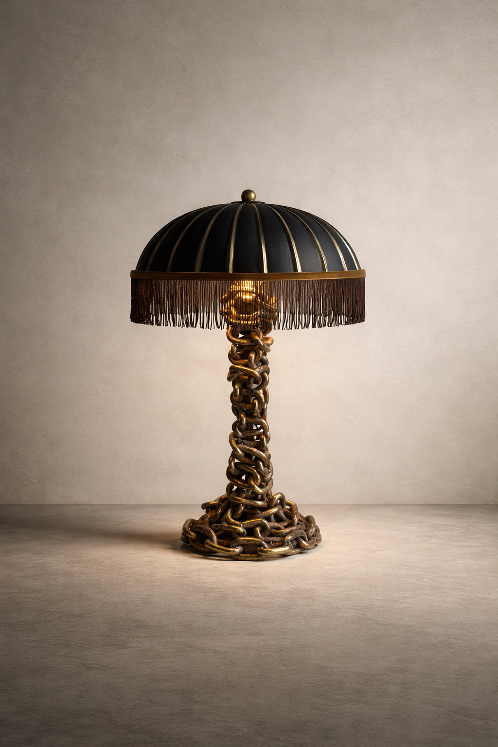 Umbra Chain Lamp with hand-painted glass shade, fringe trim, and whiskey velvet detailing