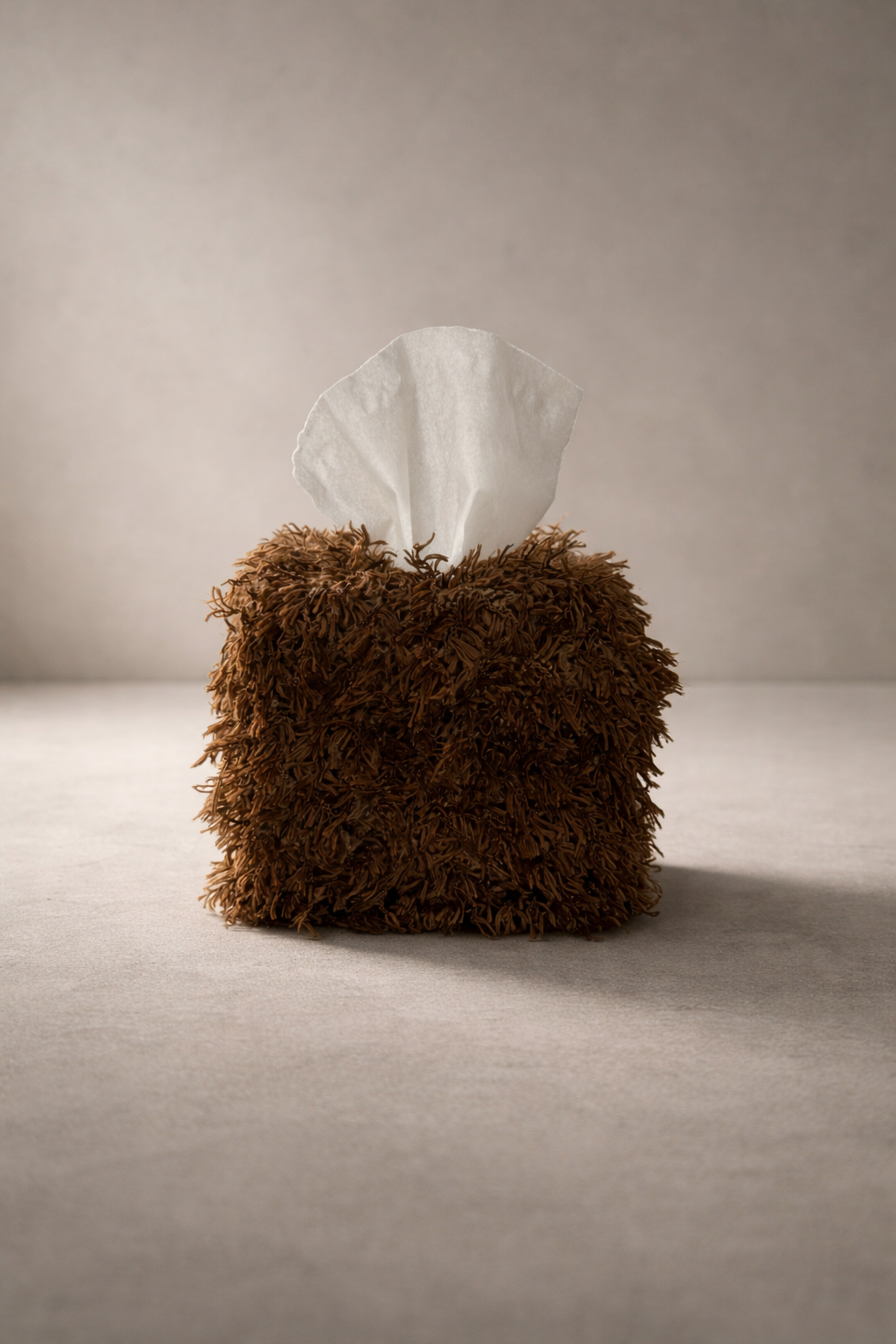 Chestnut teddy fabric tissue box cover, soft sculptural handcrafted design accent.
