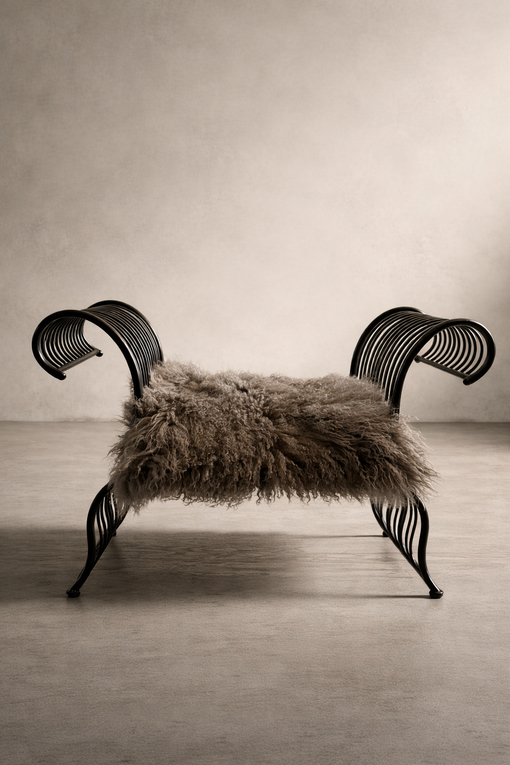 Wing Span Mongolian Lamb Bench in Smoked Taupe with dark espresso metal crossed frame