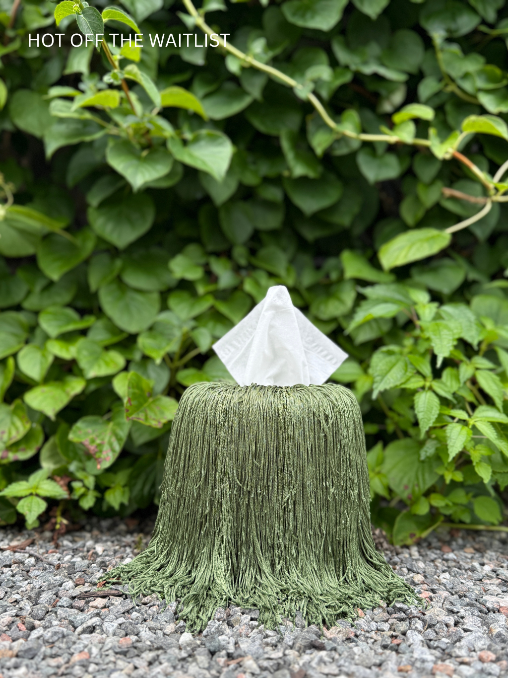 Jungle Green Fringe Tissue Box Cover by Amber Renee Hansen – sculptural layered fringe design in deep green tone, Spill Edit collection, fits standard square tissue boxes.