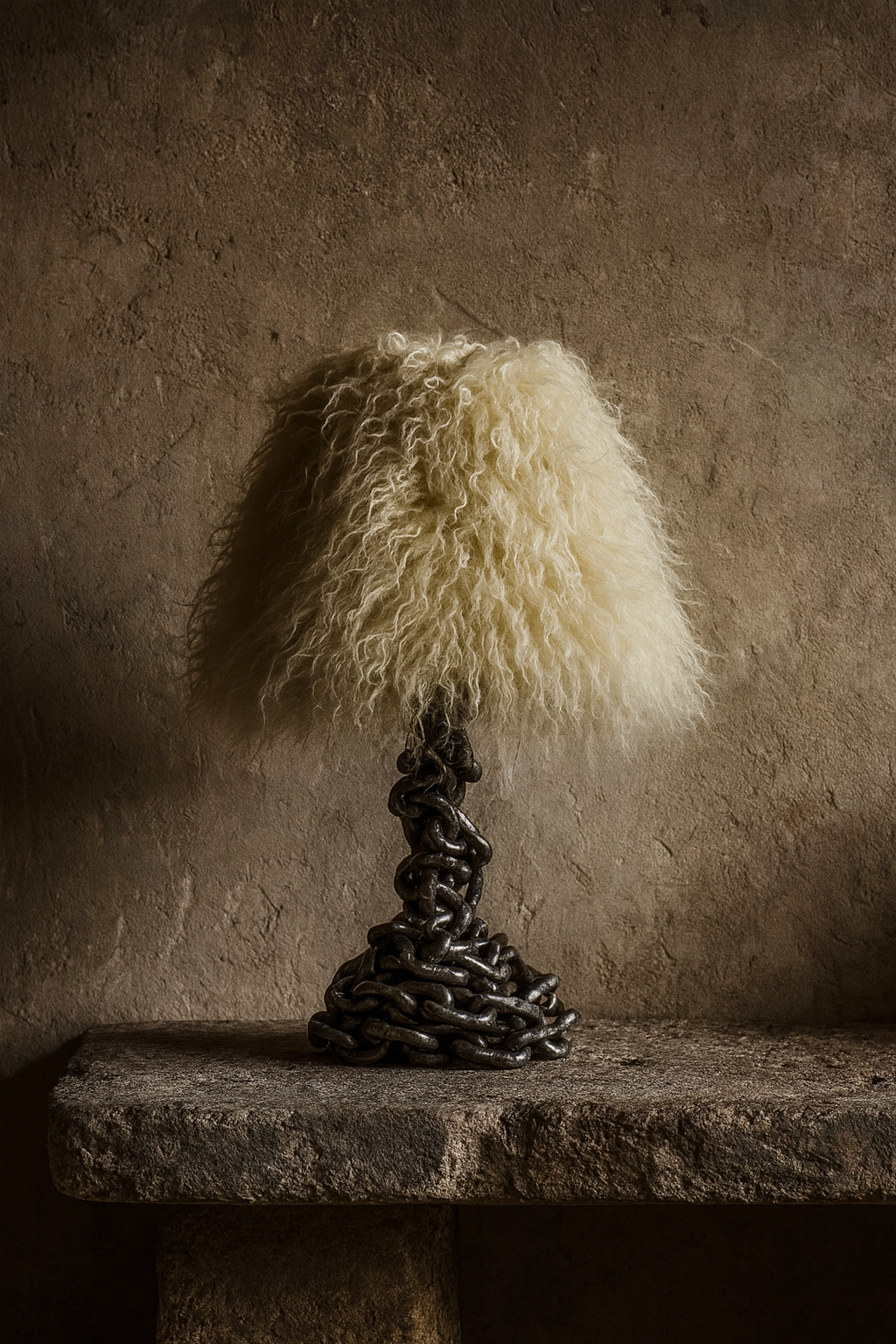 Sculptural chain-wrapped lamp with Mongolian lamb shade by Amber Renee Hansen