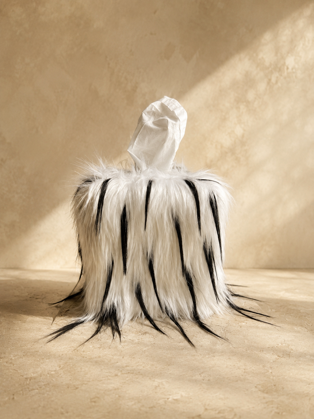Quiet Thorn faux fur tissue box cover with fibers brushed down for a soft, calm sculptural silhouette.