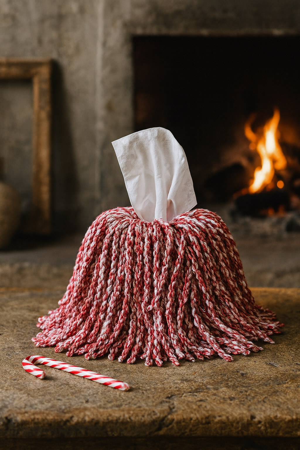 Luxury red and white fringe tissue box cover designed by Amber Renee Hansen.