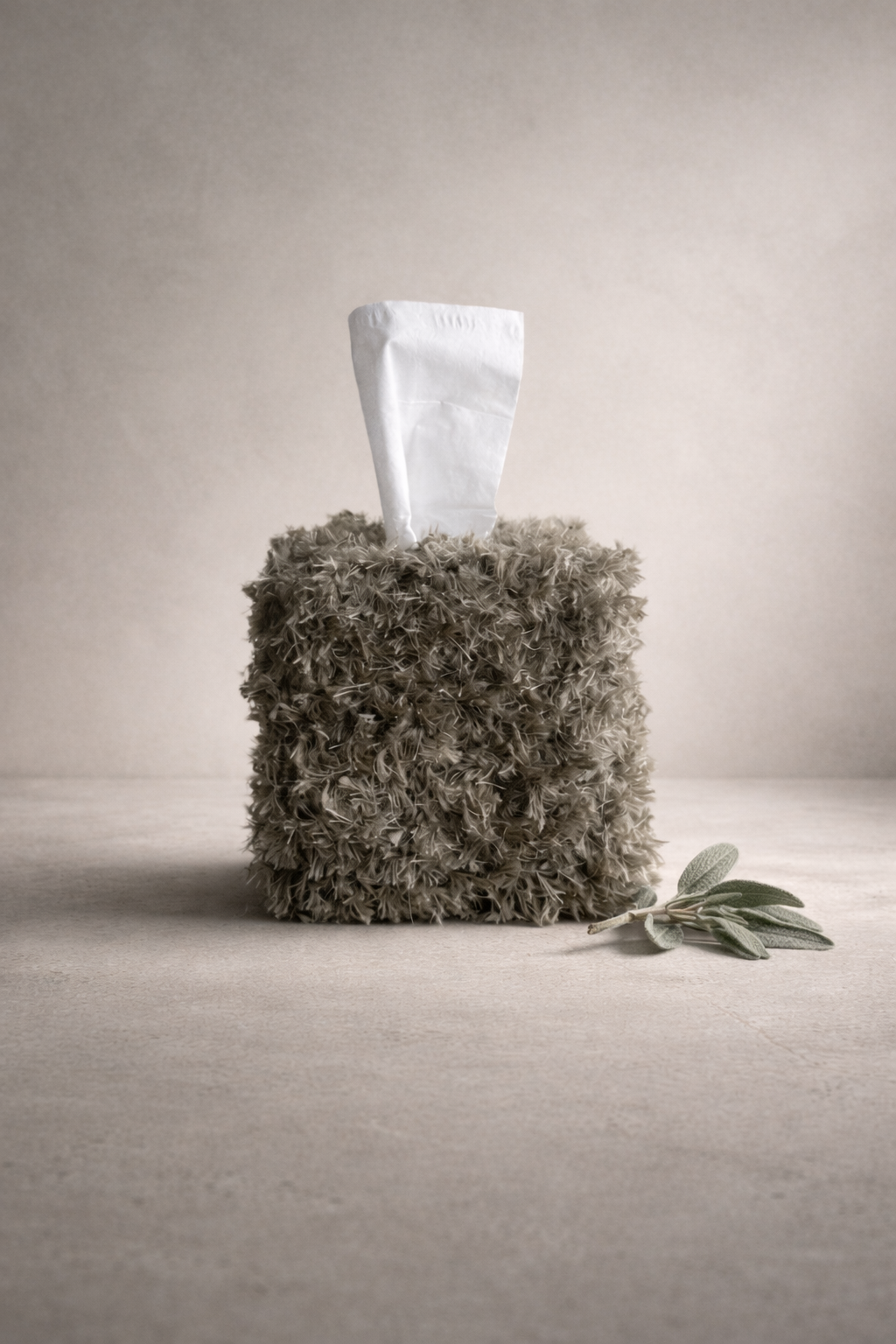 Muted Sage Teddy tissue box cover with plush, silver-tipped sage texture, photographed in a quiet neutral setting, part of the Teddy Collection by Amber Renee Hansen