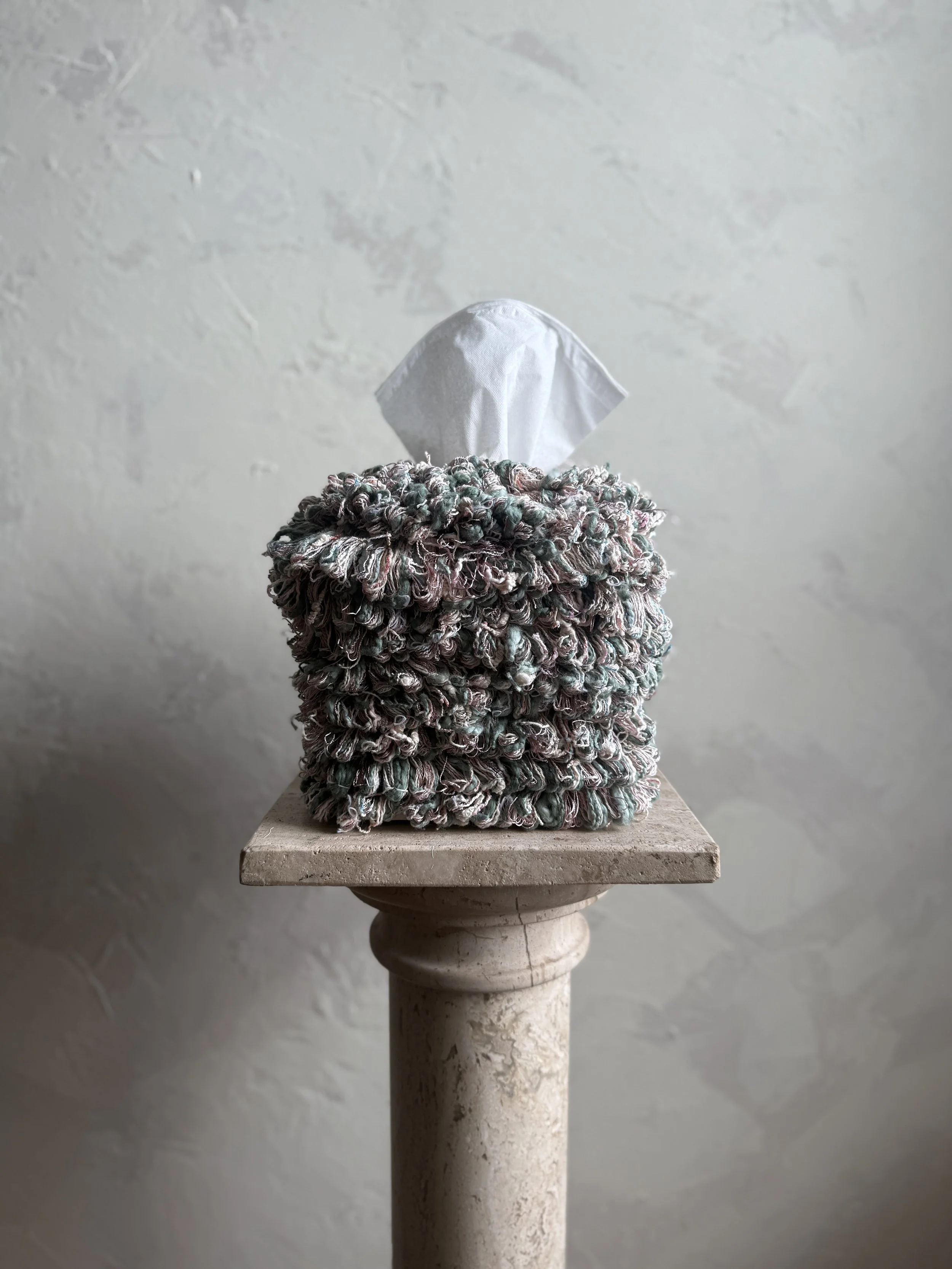 Soft Knit Fringe Tissue Box Cover by Amber Renee Hansen