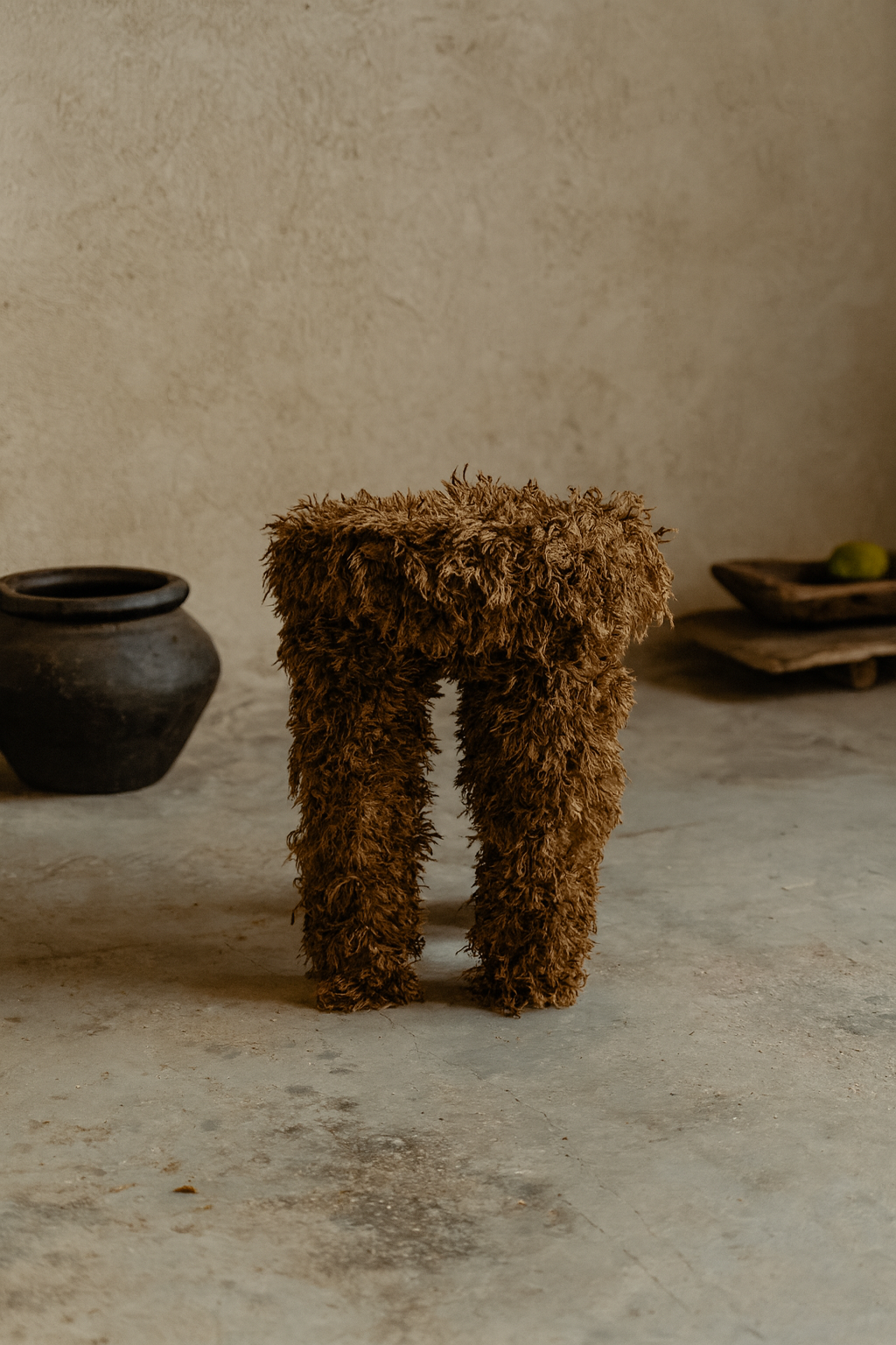 Teddy Side Table — fringe-wrapped sculptural side table designed by Amber Renee Hansen