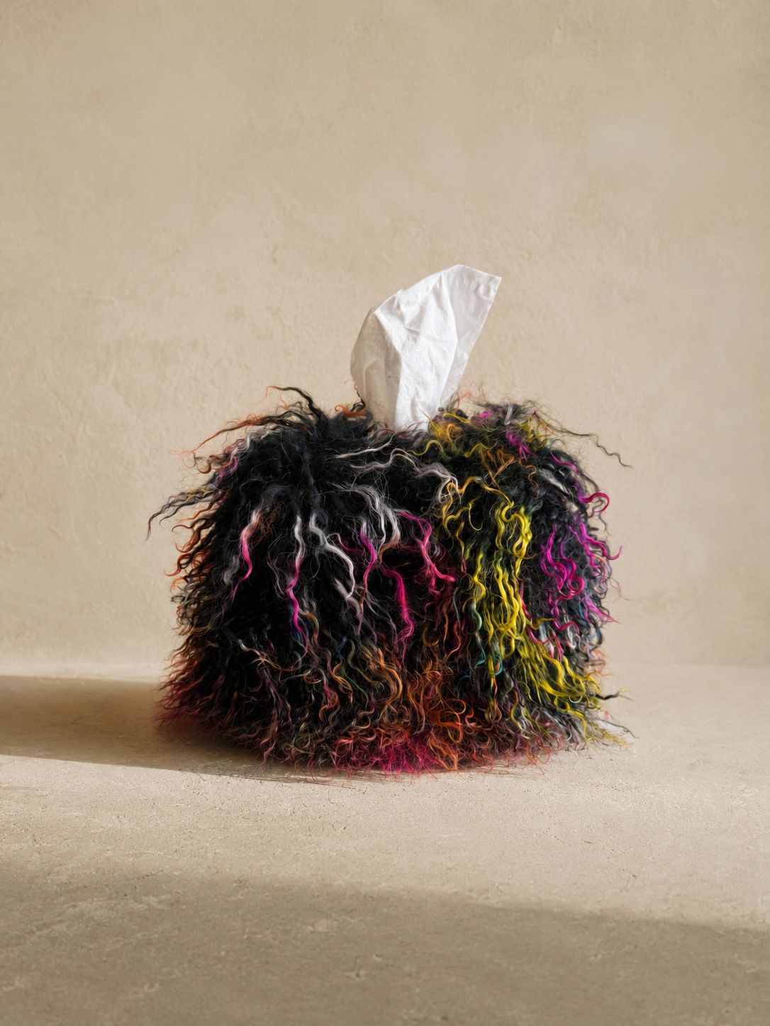 Spectrum Noir Mongolian lamb tissue box cover featuring luxurious black natural curls woven with an unexpected spectrum of color, photographed in an editorial studio setting.