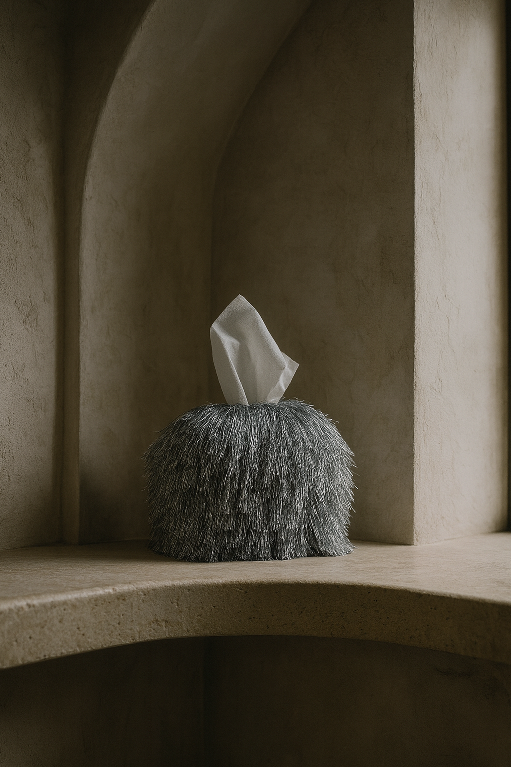 Silv er tinsel fringe tissue box cover styled as a sculptural architectural object