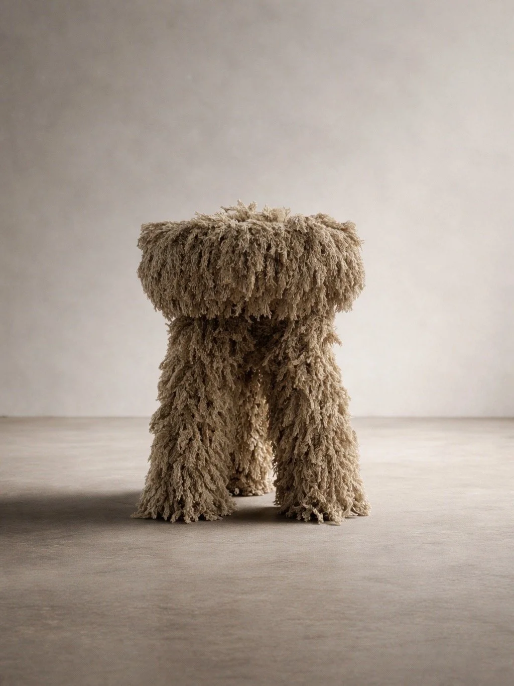 Teddy stool constructed from solid wood and wrapped in soft moss shag fringe, photographed in a minimal studio setting