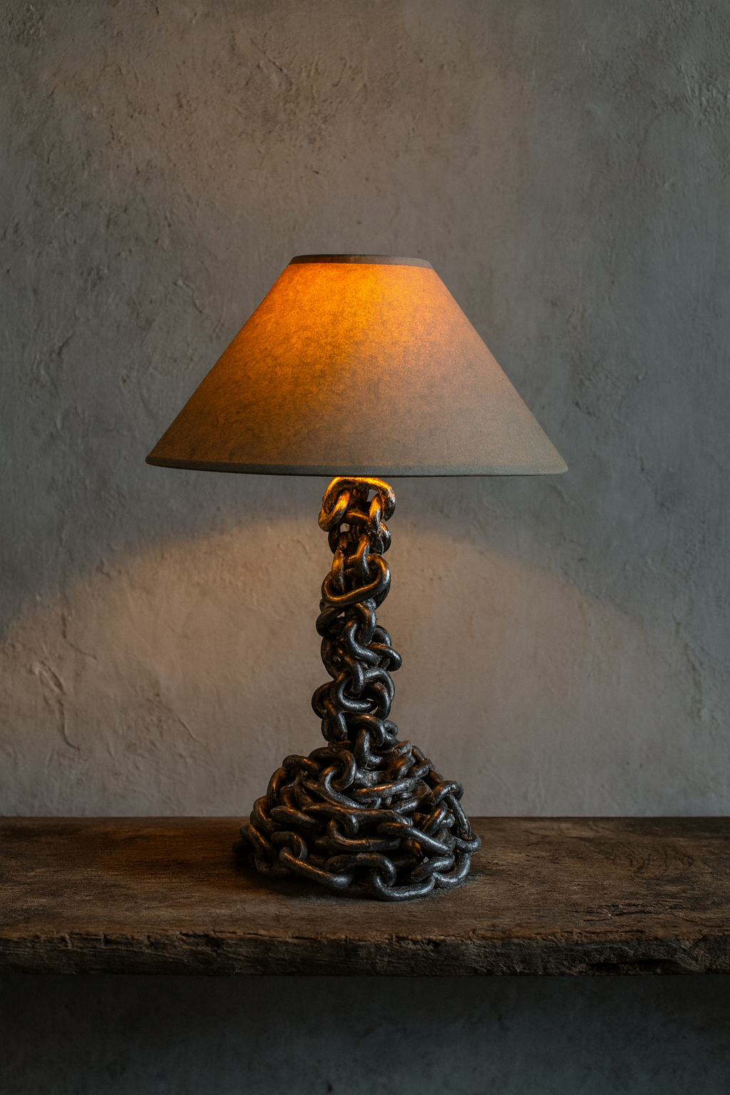 Warm Speckled: Quiet Anchor Chain Lamp with sculptural chain base and Warm Speckled pleated shade, designed by Amber Renee Hansen