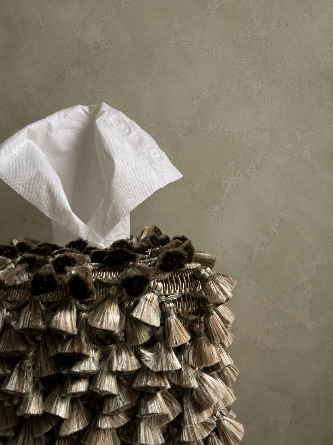 Silver Sage & Shadow Tassel Tissue Box Cover featuring layered iridescent silver sage tassels with a dark shadowed underside by Amber Renee Hansen.