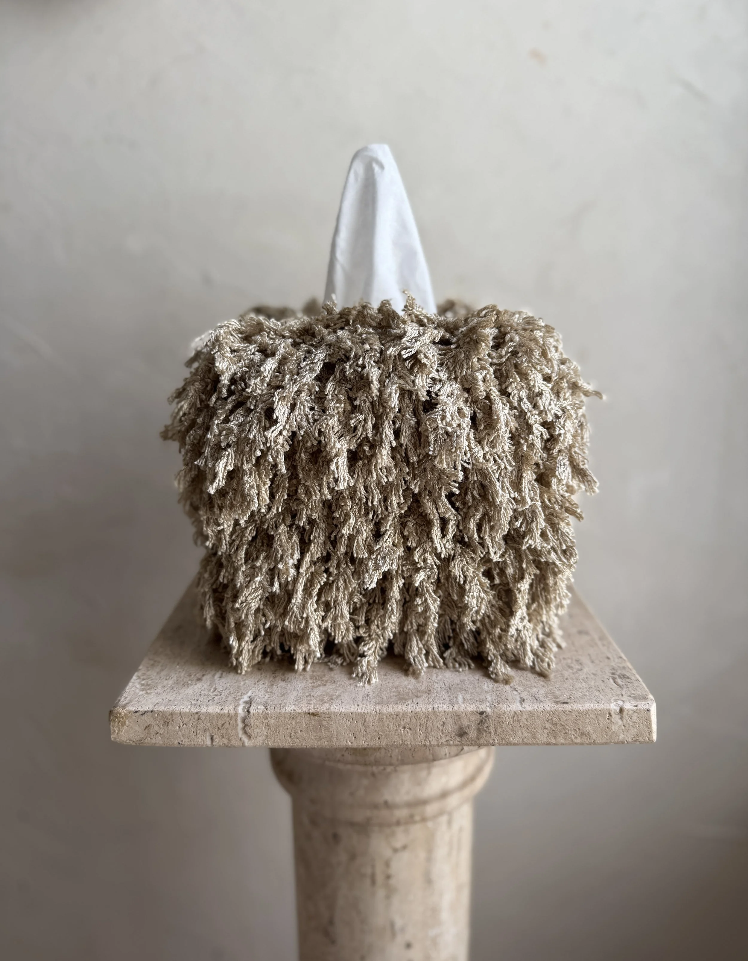 Elevate the everyday with the Untamed Neutral Fringe Tissue Box by Amber Renee Hansen. Hand-wrapped in cascading fringe, this neutral-toned cover adds texture, softness, and quiet luxury to any space.