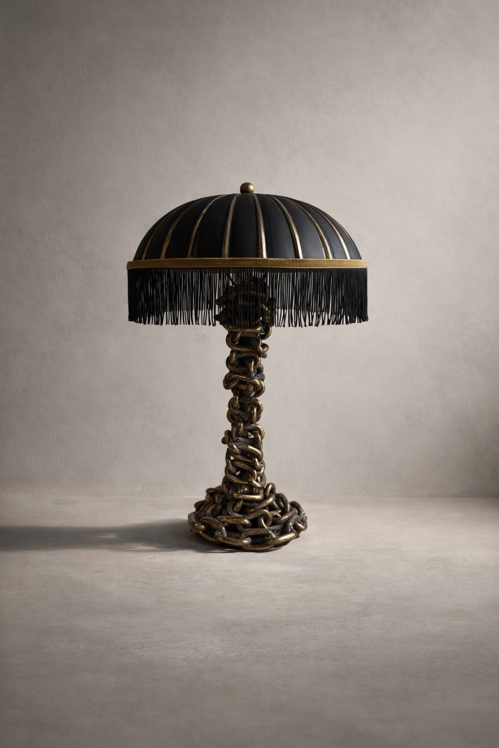 Umbra Chain Lamp with hand-painted glass shade, fringe trim, and gilded ocher velvet detailing