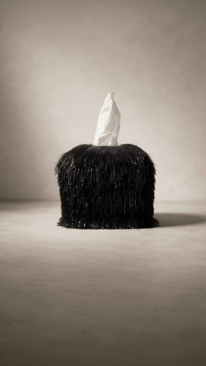 Black Static tinsel fringe tissue box cover with sculptural architectural texture