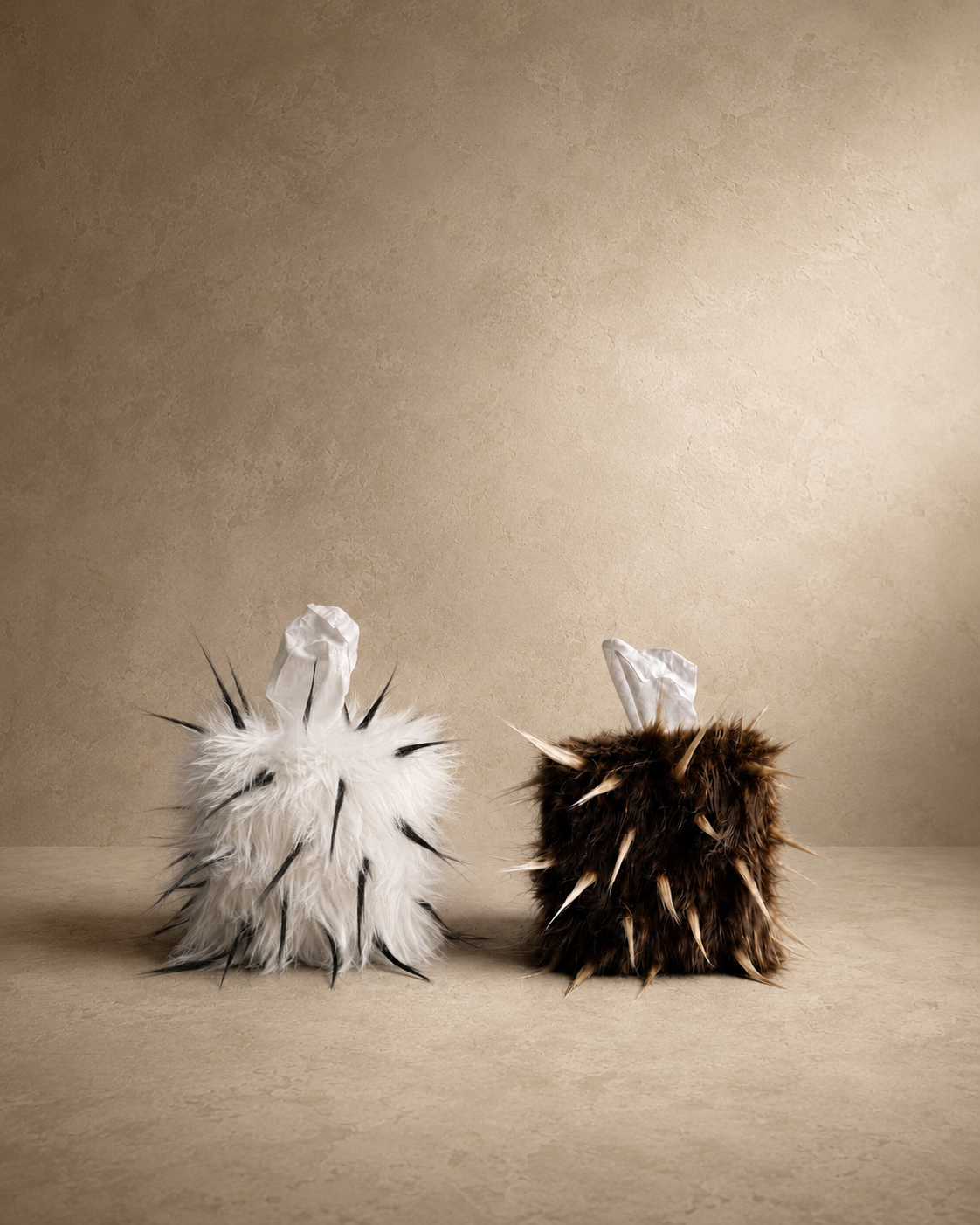 Quiet Thorn faux fur tissue box cover with fibers styled upward to create an exaggerated pointed texture.