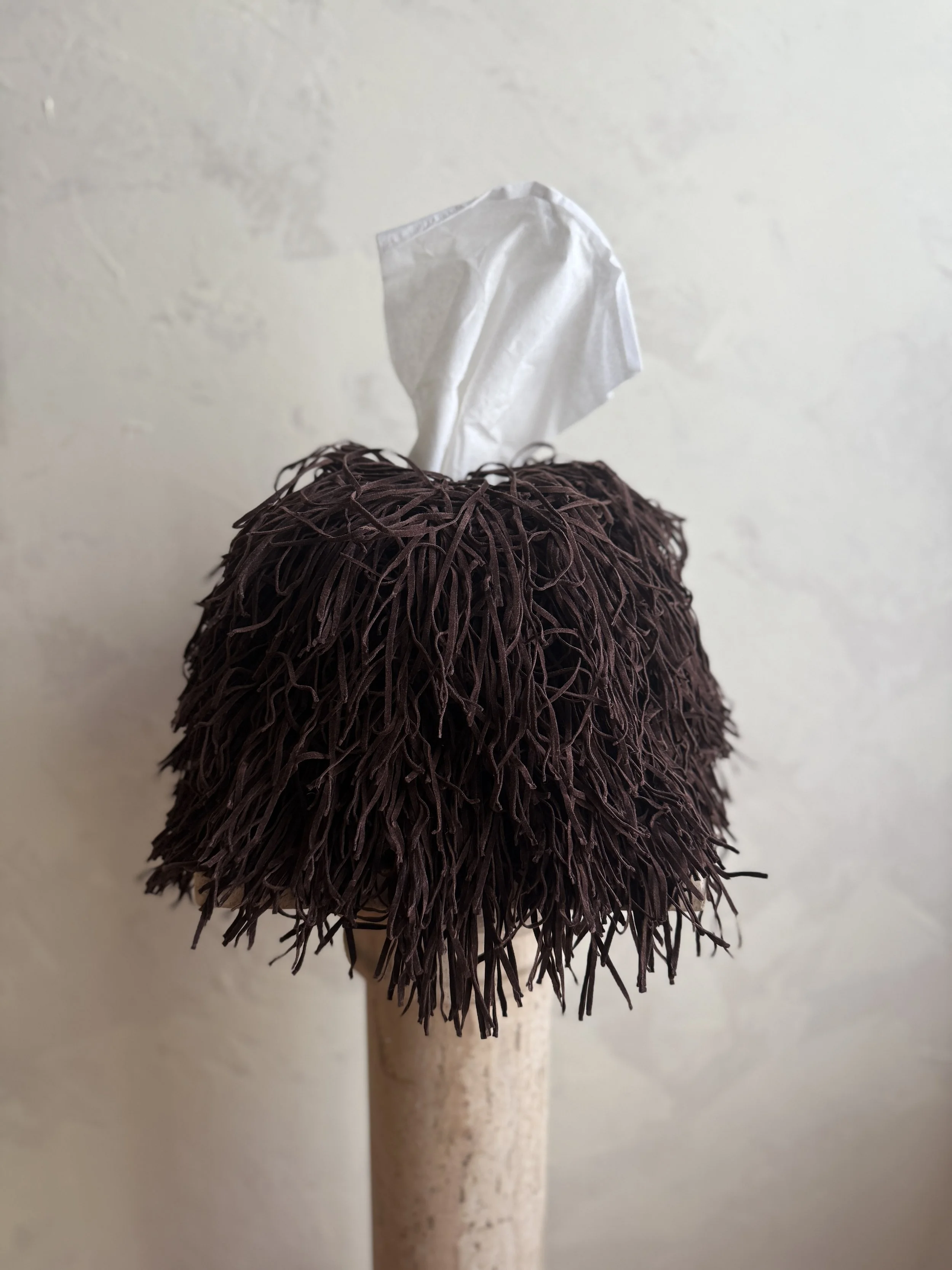 Espresso suede tissue box cover with layered suede fringe details.