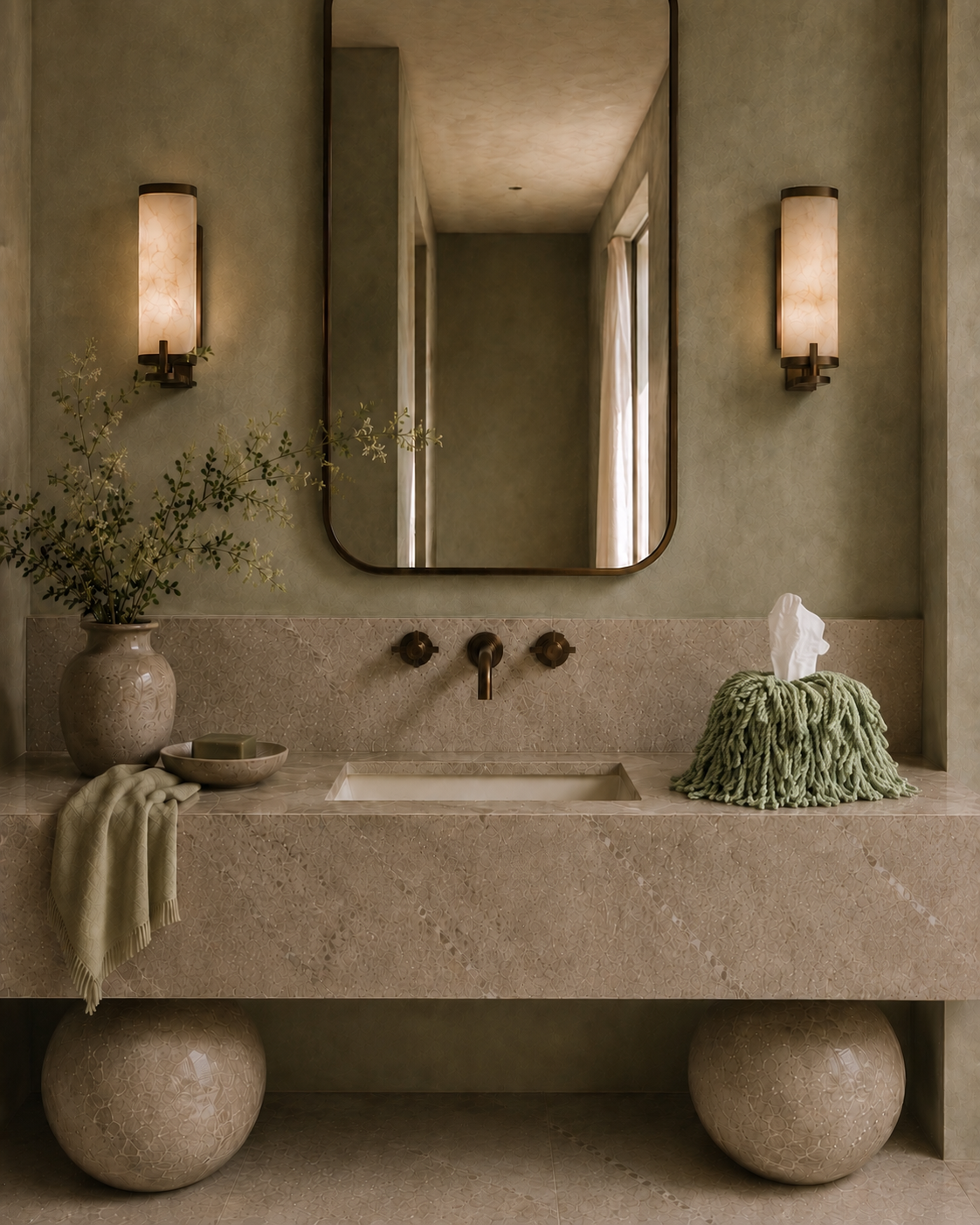 Pistachio fringe tissue box cover styled on a marble bathroom vanity, surrounded by minimal decor and neutral tones.