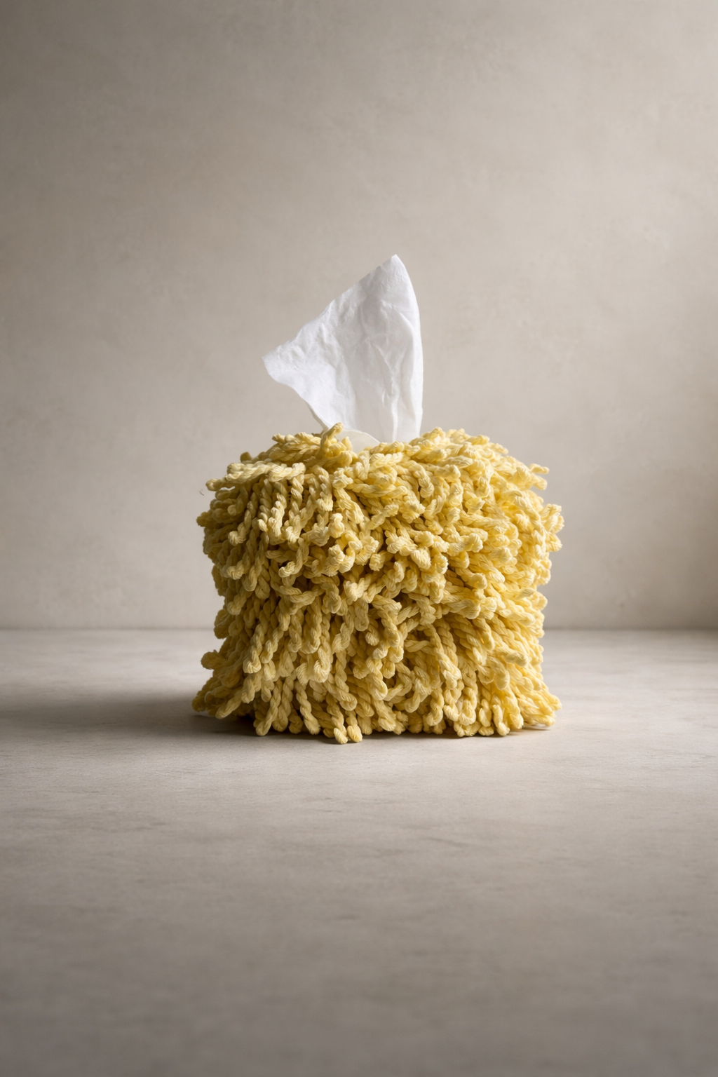 Pale yellow whipped butter fringe tissue box cover with dense twisted fringe texture in a warm neutral studio setting