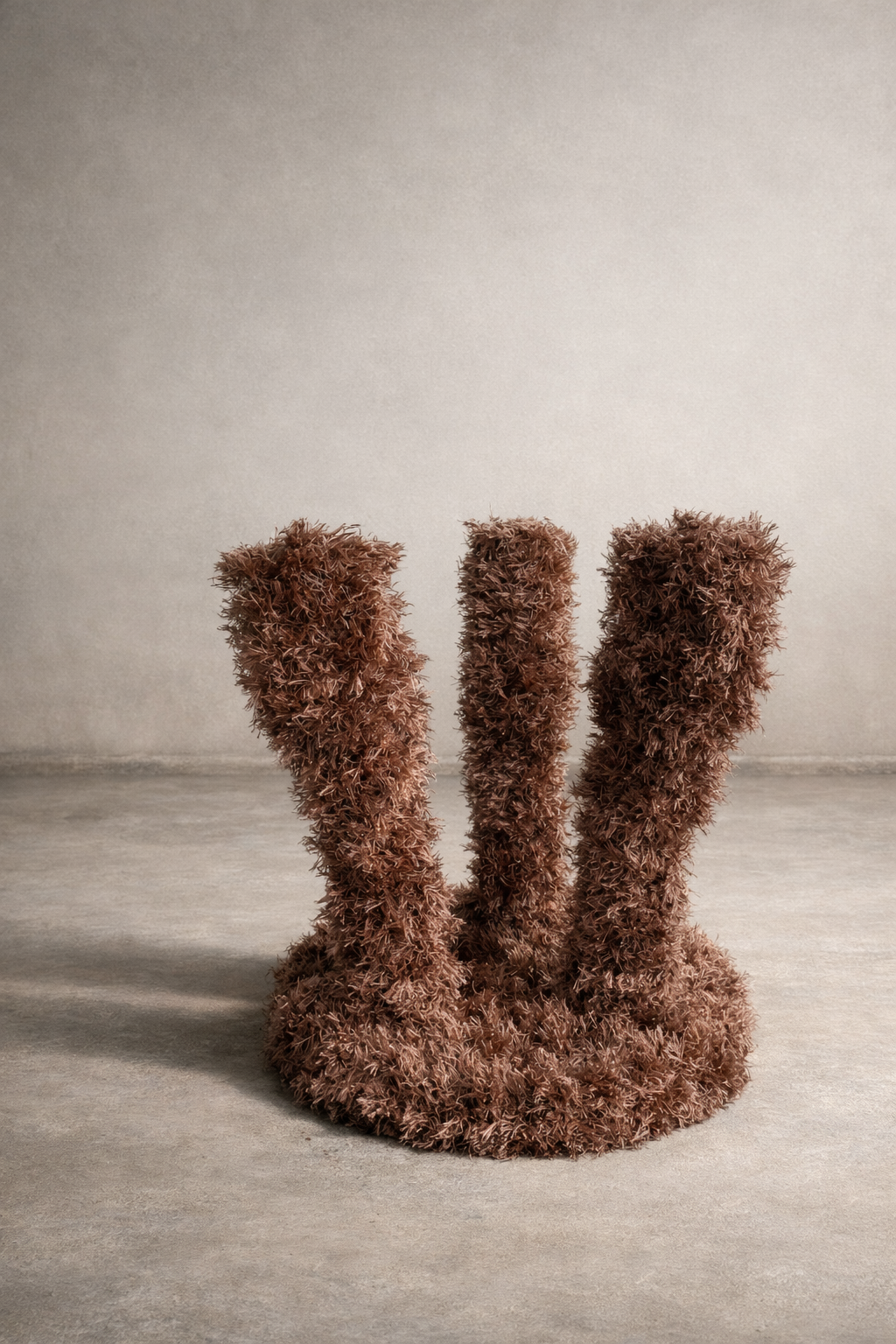 Pale Hazelnut Teddy Table, a designer sculptural accent table wrapped in warm pale hazelnut fringe