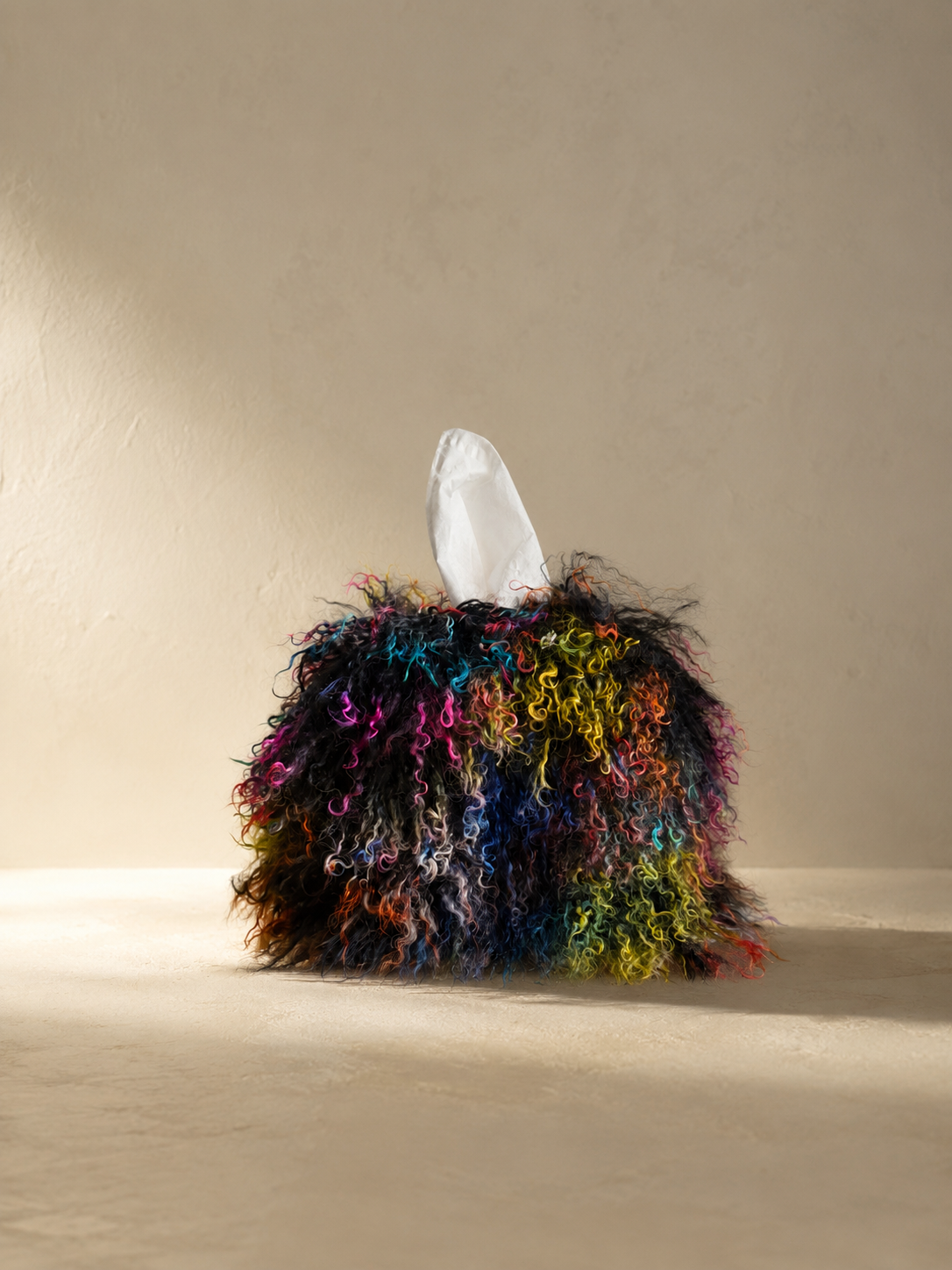 Spectrum Noir Mongolian lamb tissue box cover featuring luxurious black natural curls woven with an unexpected spectrum of color, photographed in an editorial studio setting.