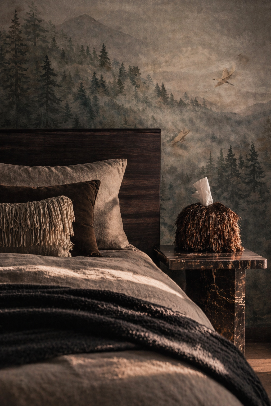 Burnt mahogany static tinsel fringe tissue box cover with reflective layered texture in a warm luxury interior