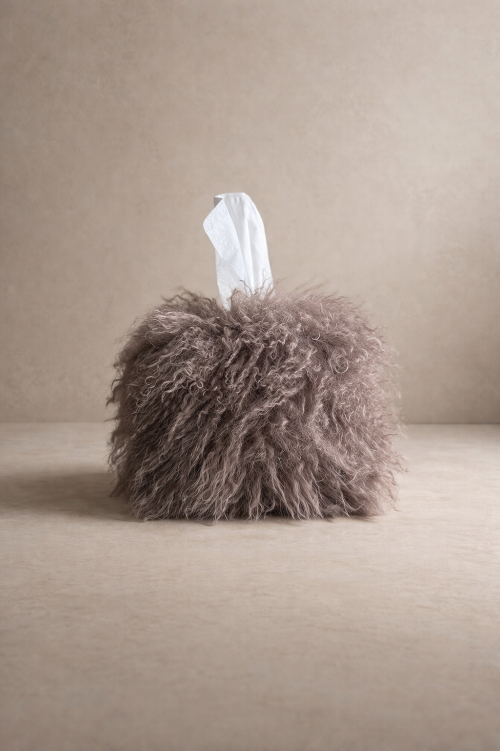 Smoky Taupe Mongolian Lamb Tissue Box Cover by Amber Renee Hansen – deep taupe genuine Mongolian sheepskin with flowing fur texture