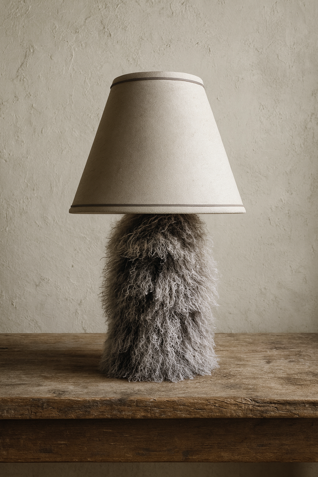Mongolian two-tone sheepskin table lamp with neutral shade