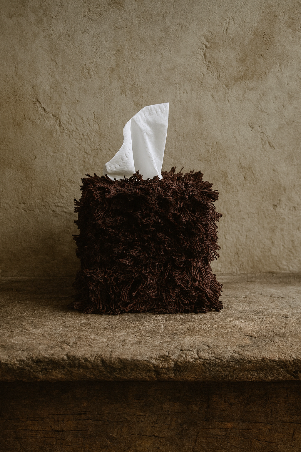 Messy Mahogany Brown fringe tissue box cover on a textured stone surface with a soft neutral wall background