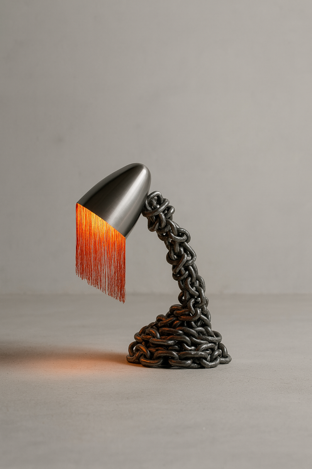 Sculptural Chic Pix gooseneck chain lamp with wrapped steel chain base, brushed metal shade, and fringe detail on a neutral studio surface