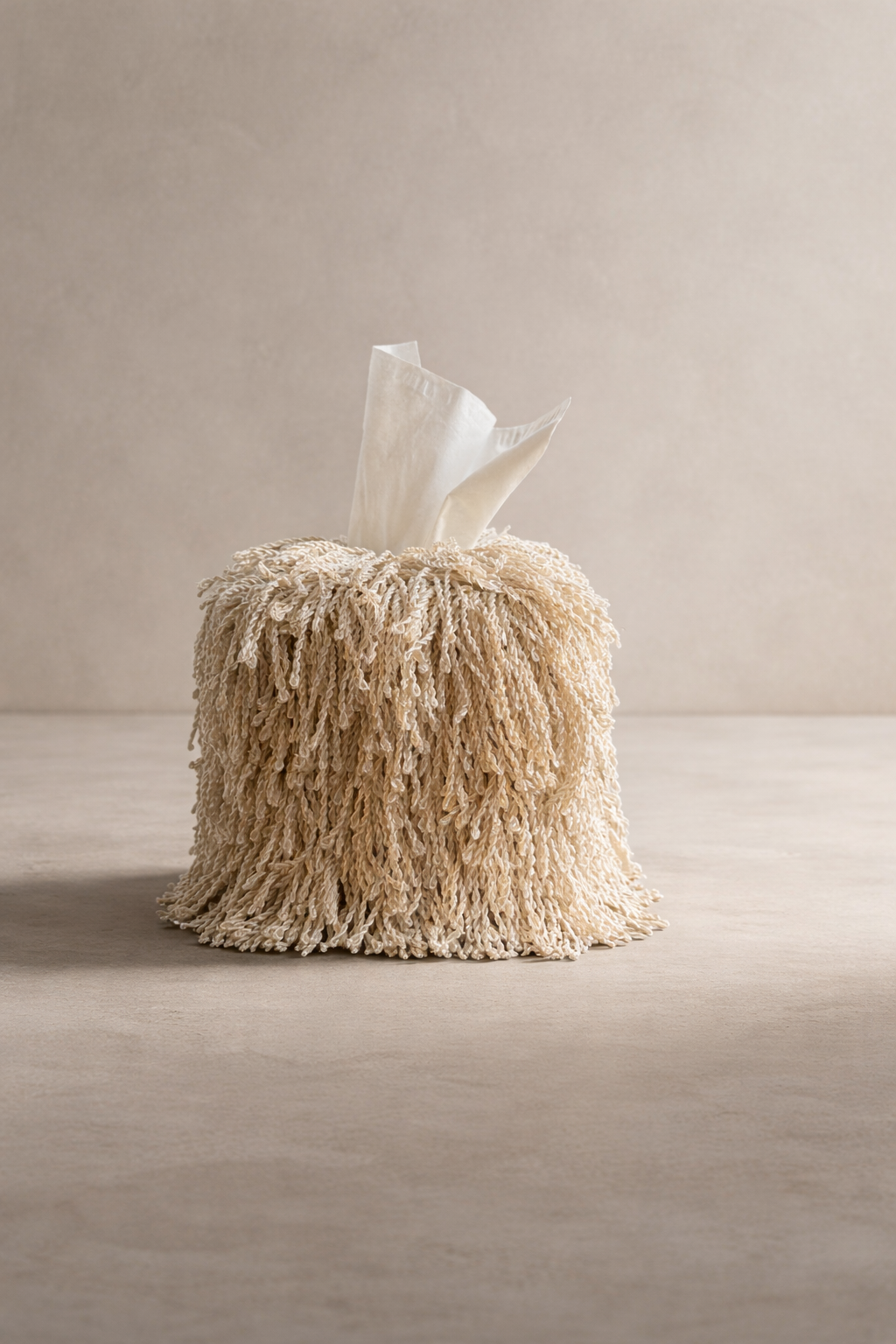 Fringe tissue box cover in pearled cream, handcrafted luxury décor by Amber Renee Hansen.