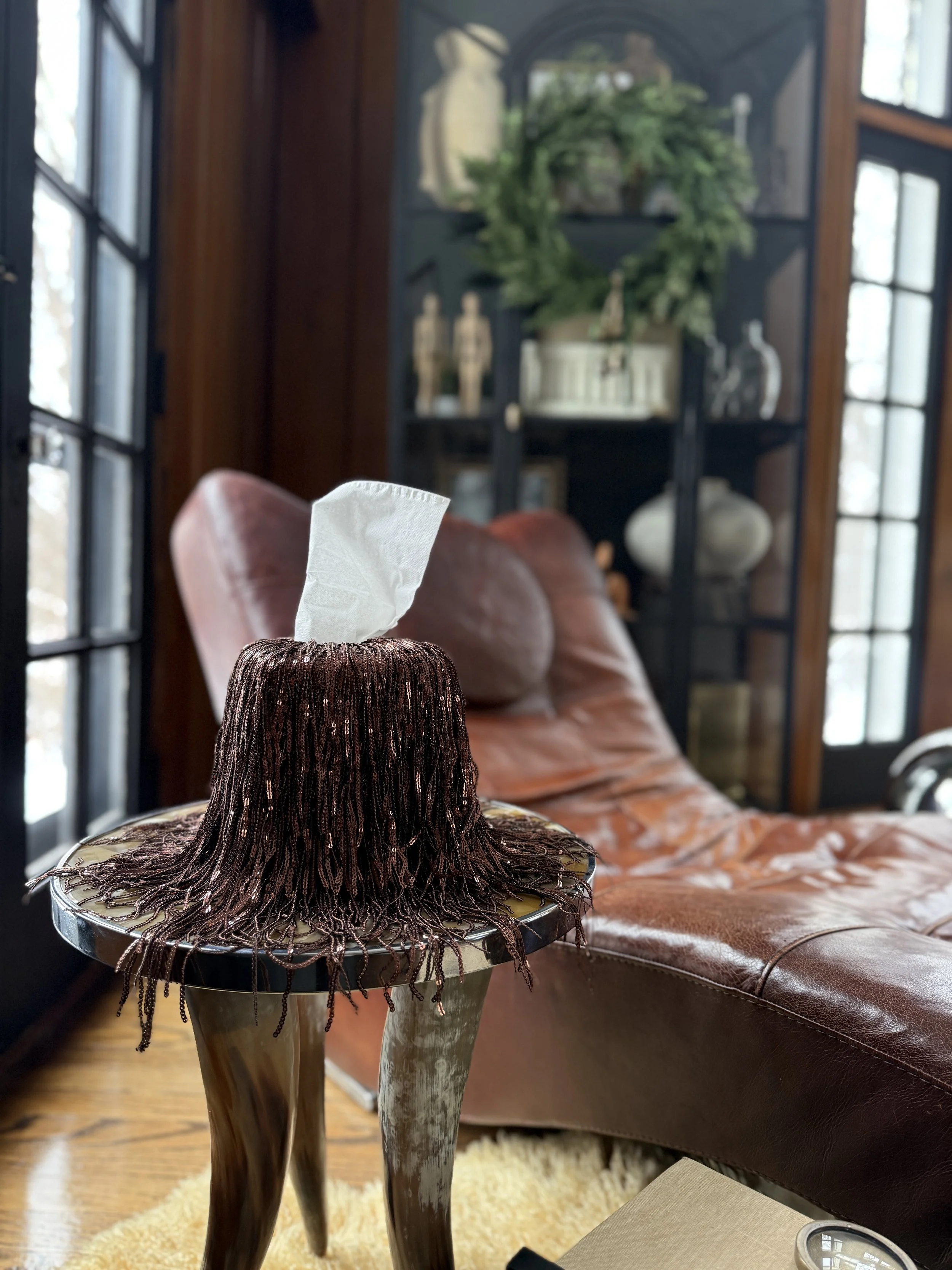 Last Call 11:59 Limited Edition fringe tissue box cover in deep metallic bronze tones