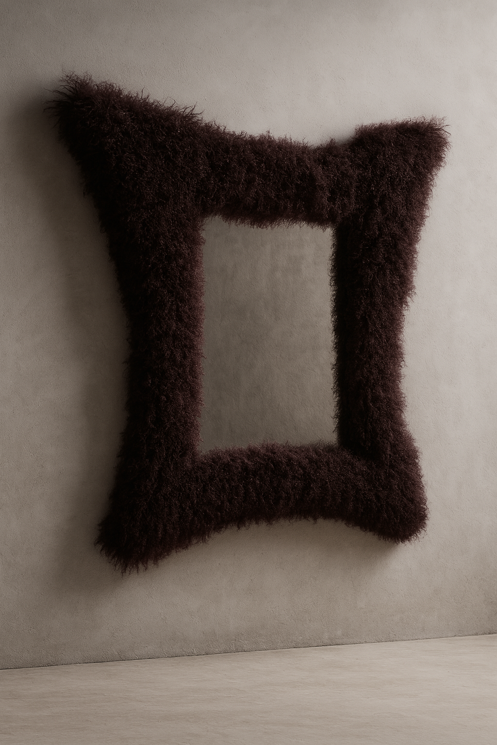 Shaggy burgundy-framed mirror on grey wall.png