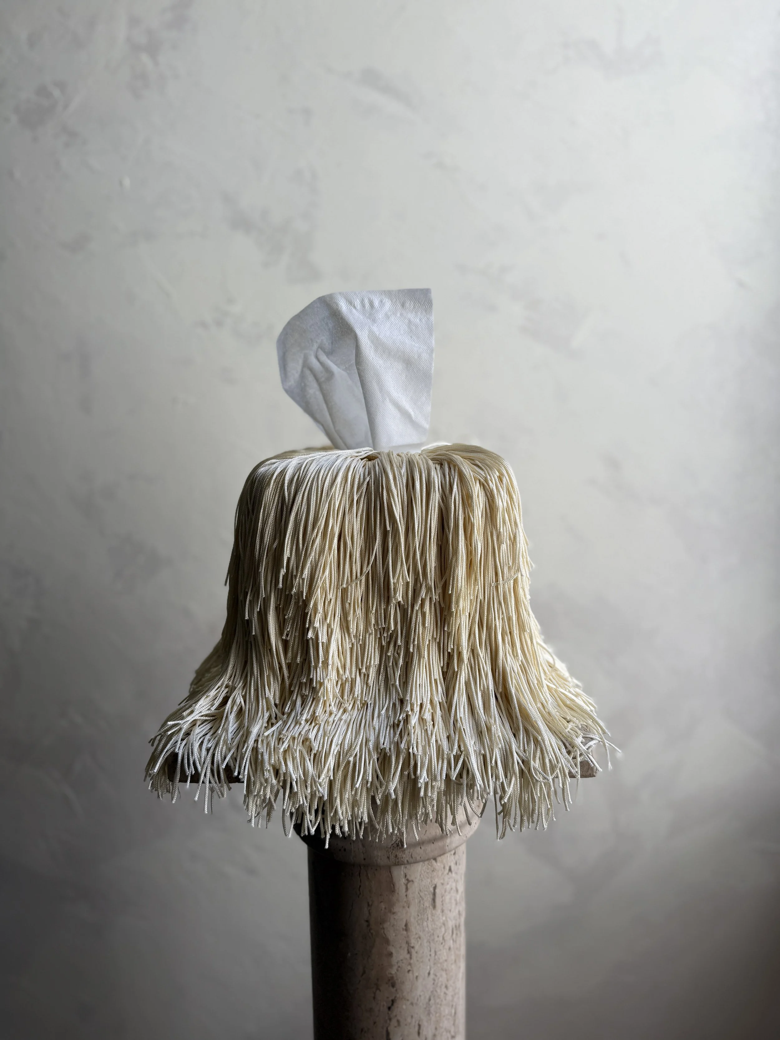 Ivory Fringe Tissue Box Cover — Spill Edit by Amber Renee Hansen, featuring tonal ivory fringe that drapes and puddles with soft sheen and sculptural movement.