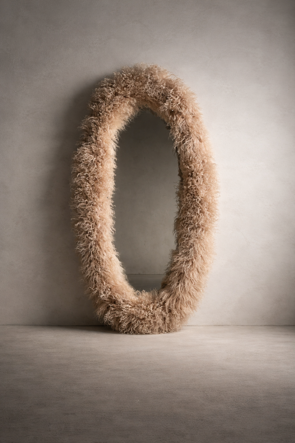 Capsule-shaped wall mirror wrapped in Mongolian lamb sheepskin with elongated vertical form