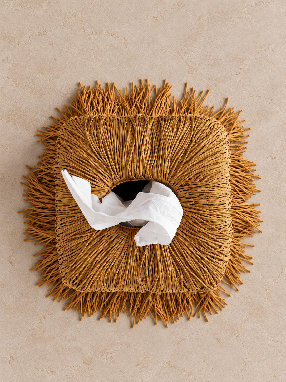 Golden amber fringe tissue box cover, spill edit design, collectible handcrafted interior accent.