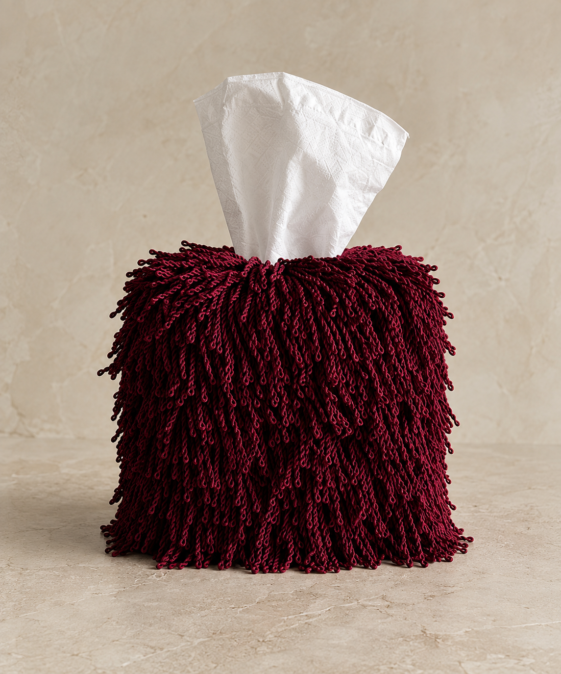 Morello Noir fringe tissue box cover with dense blackened burgundy and crimson twisted fringe.