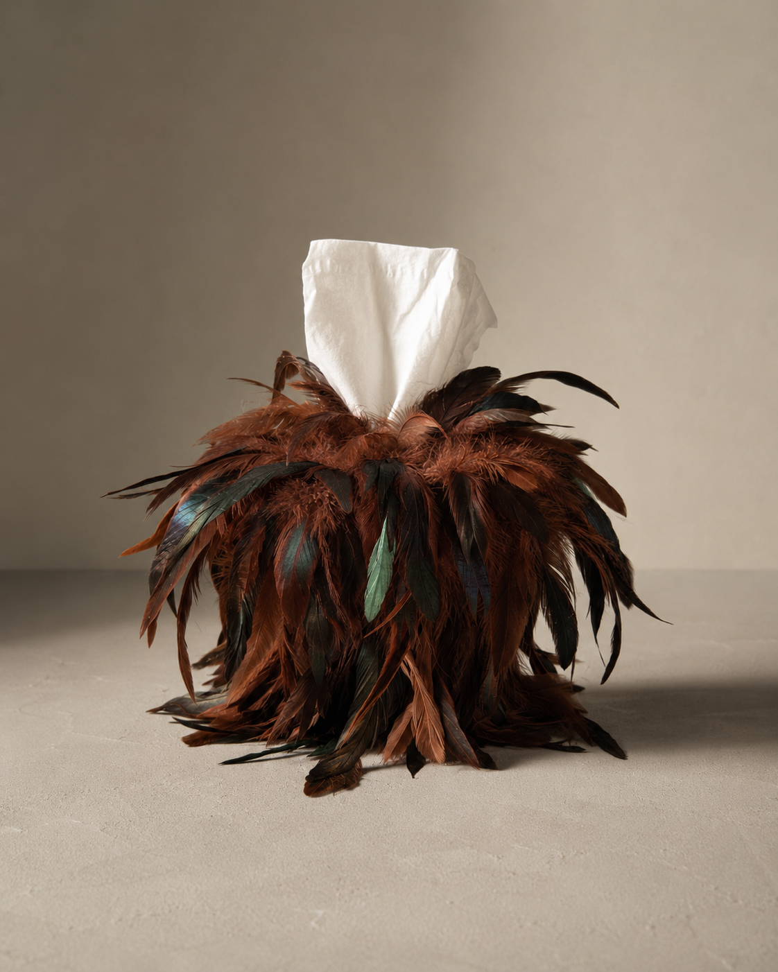 Chestnut Tobacco feather tissue box cover layered with rich brown, chestnut, and black rooster feathers.