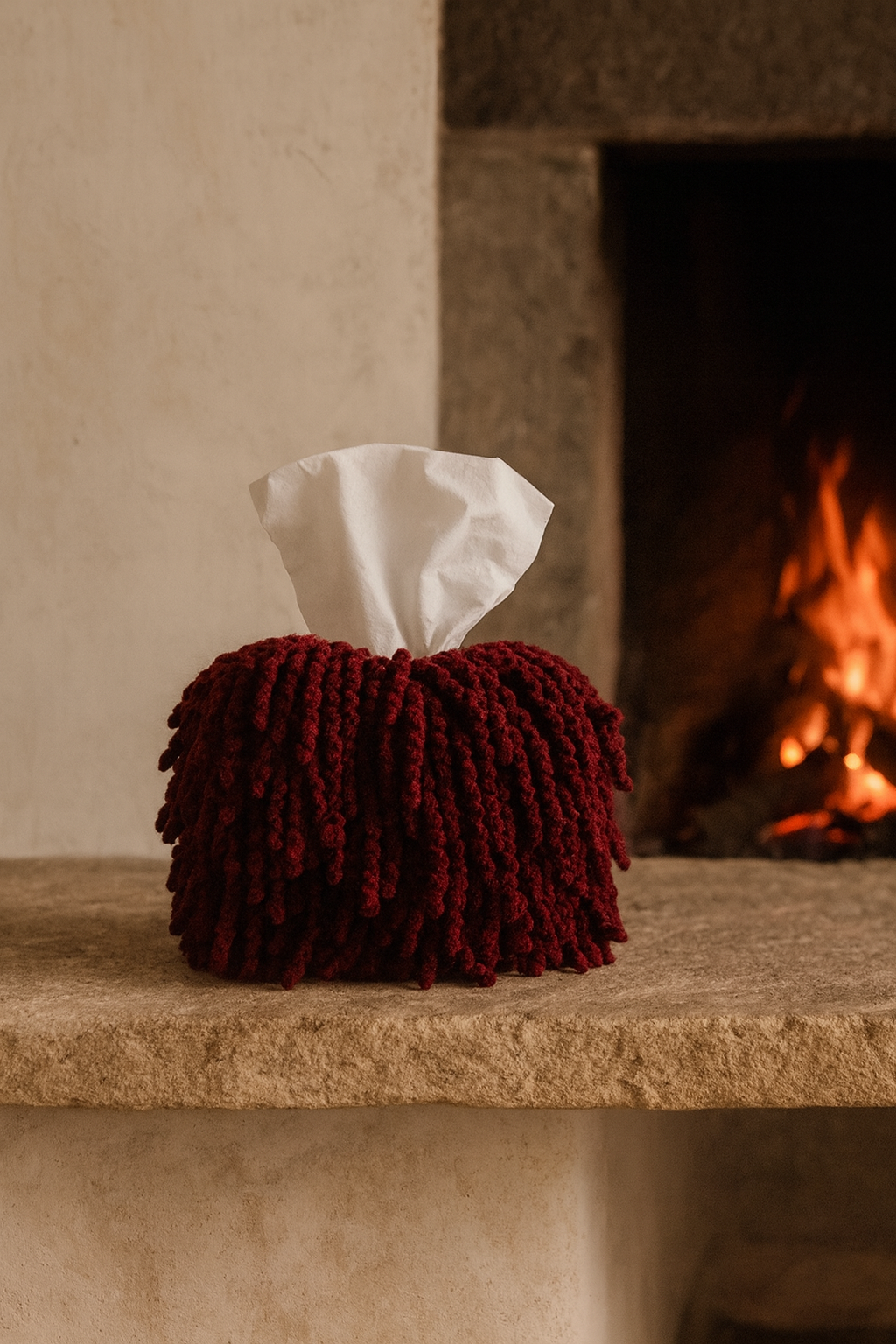 Designer oxblood fringe tissue box cover by Amber Renee Hansen