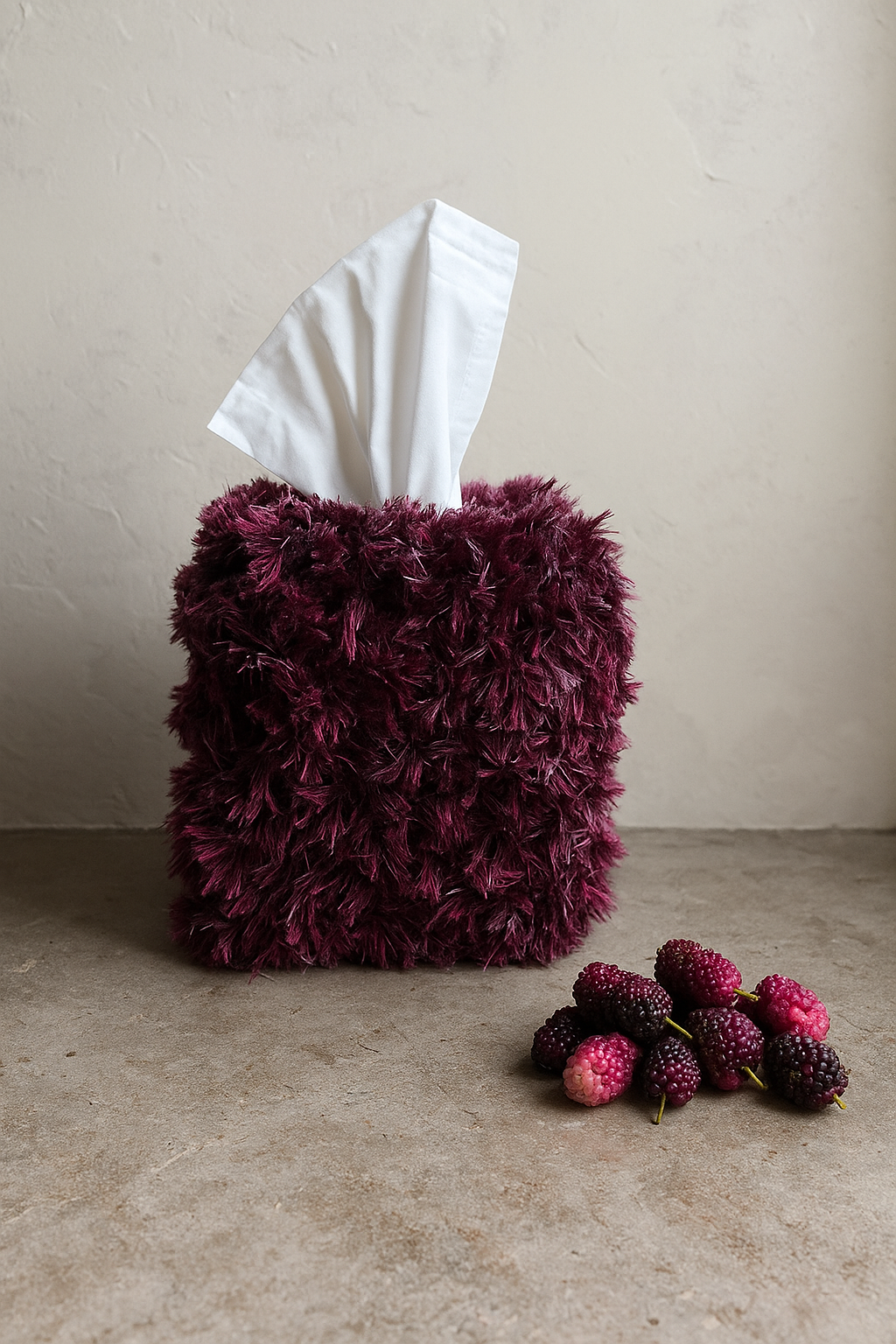 Close-up of the Mulberry Teddy tissue box cover, wrapped in plush fringe in layered mulberry, berry, and plum tones, adding soft texture and sculptural warmth.